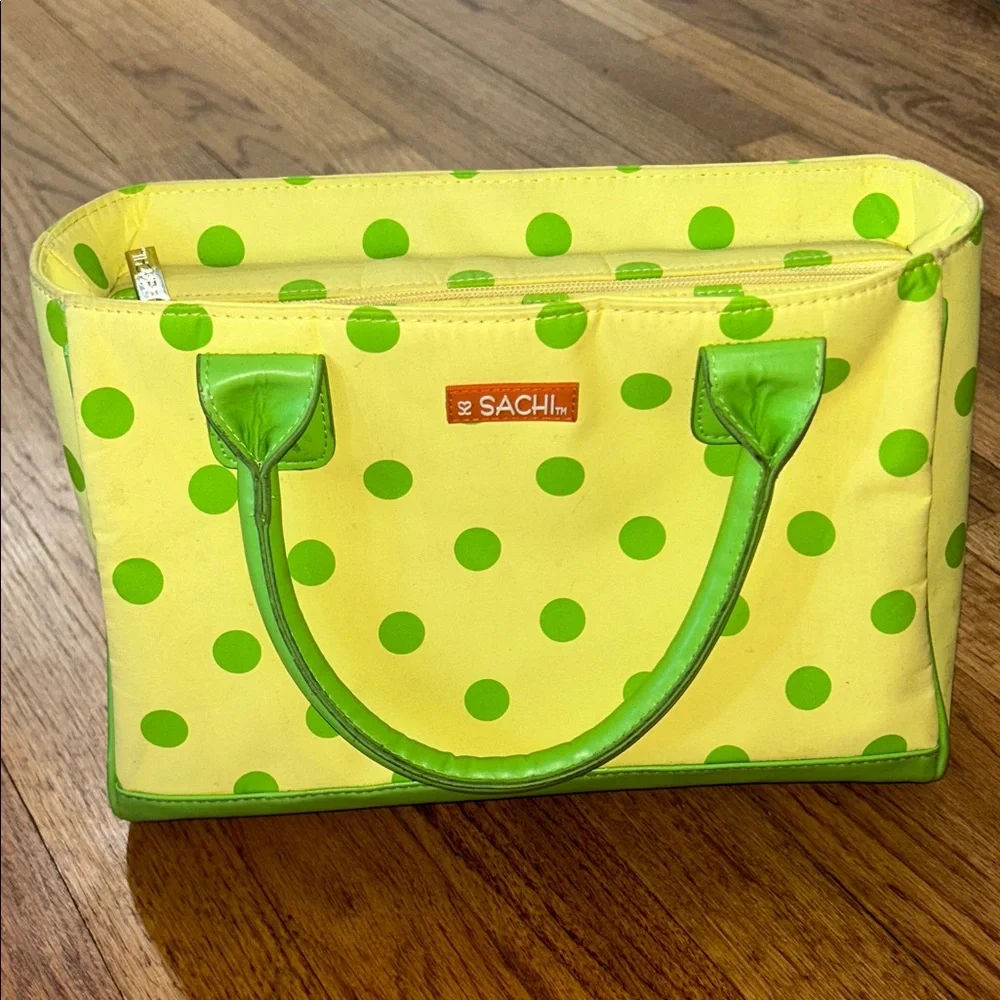 SACHI Lime Green Polka Dot and Yellow Insulated Tote Bag